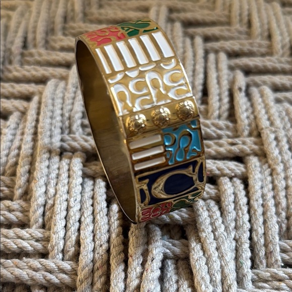 COACH Logo Colorful Enamel Bangle Bracelet Signature Patchwork 1", Gold Tone - Picture 1 of 5